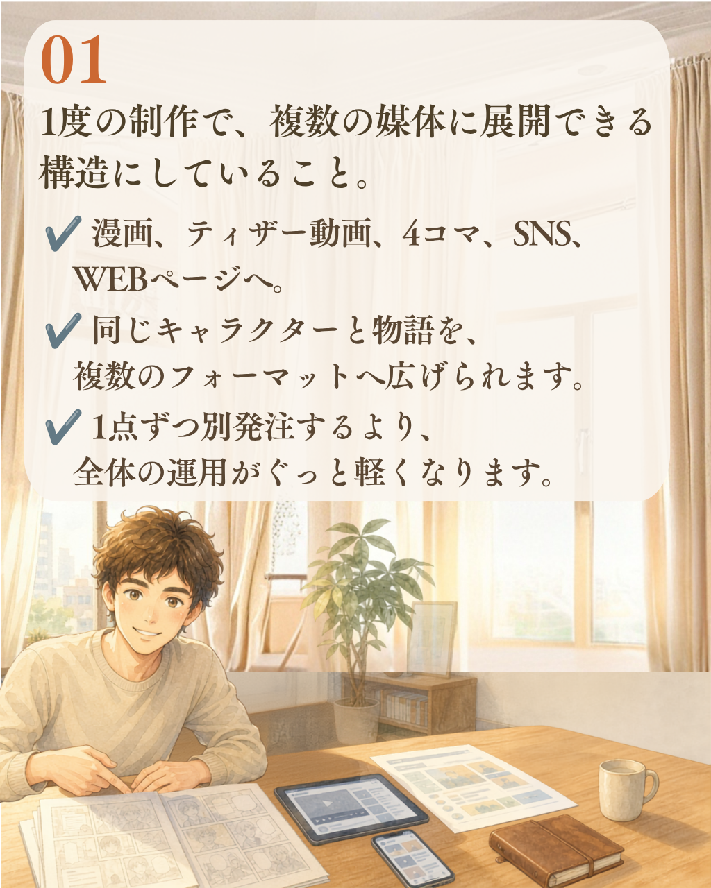 01 1度の制作で、複数の媒体に展開できる構造にしていること