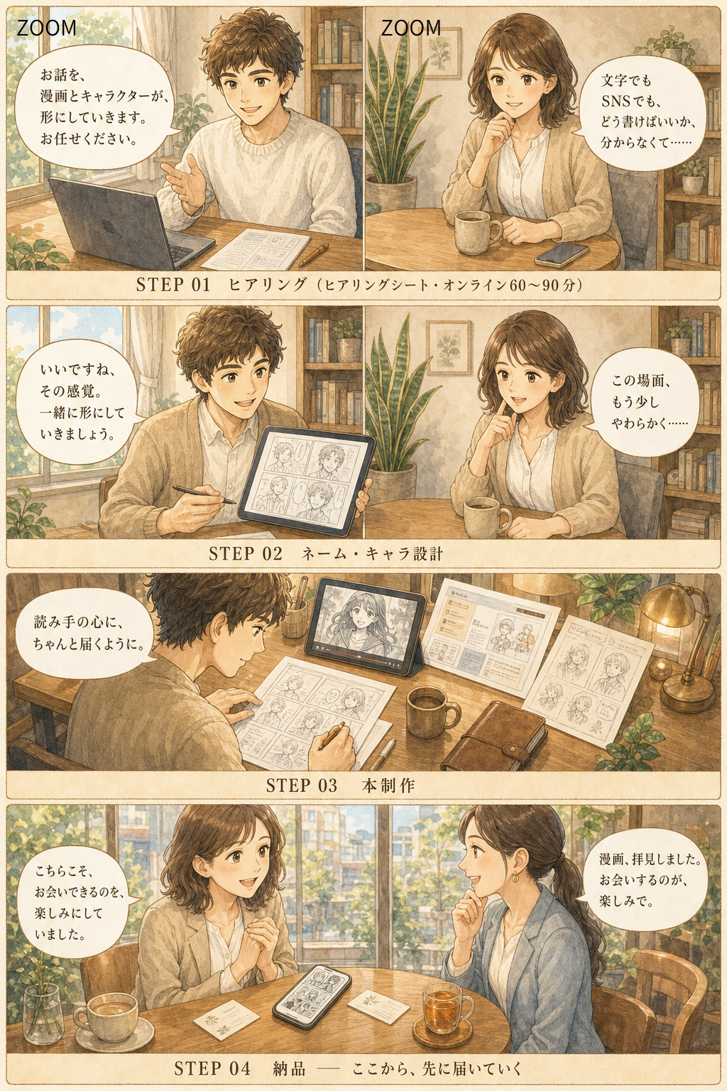 STEP01 ヒアリング／STEP02 ネーム・キャラ設計／STEP03 本制作／STEP04 納品 ── ここから、先に届いていく